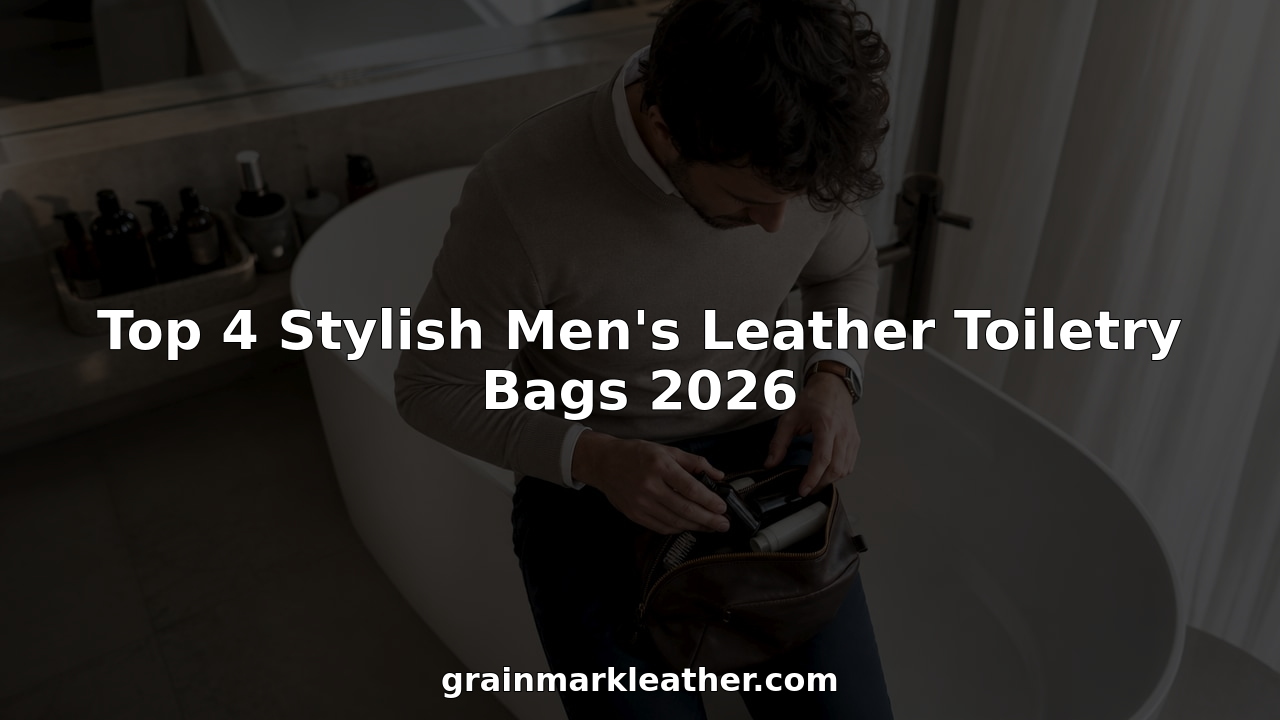 Man packing stylish leather toiletry bag on bathroom counter