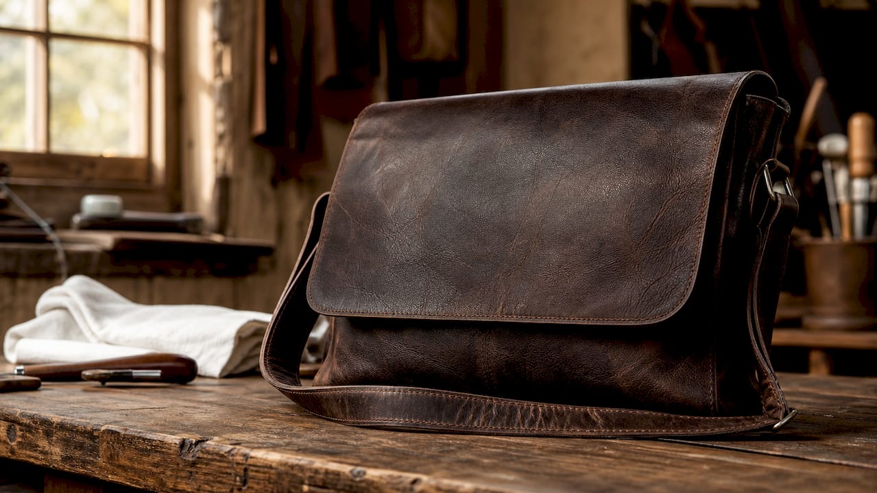 Worn men's full-grain leather messenger bag on workbench