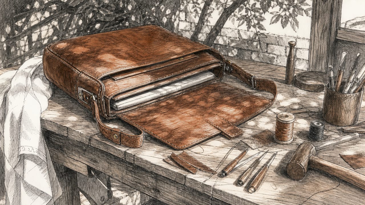 Leather laptop bag on craftsman workbench with tools