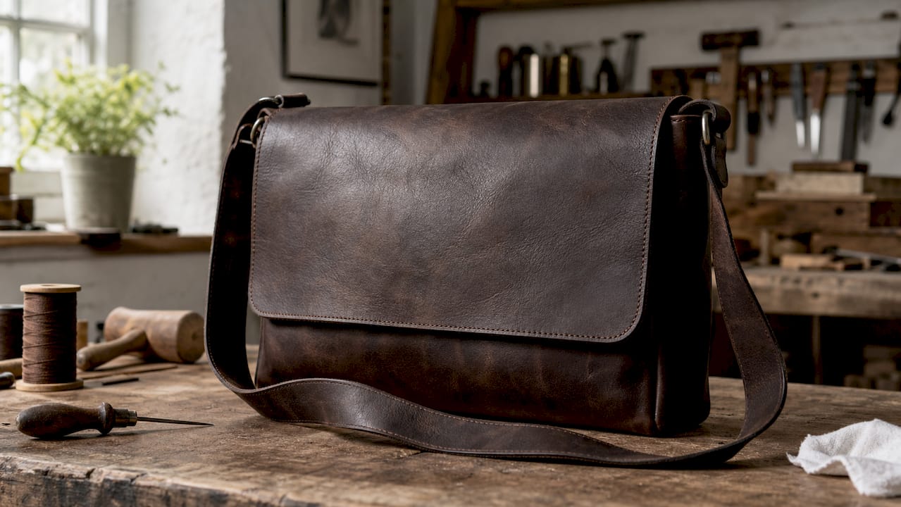Full-grain leather messenger bag with embossed initials on workbench