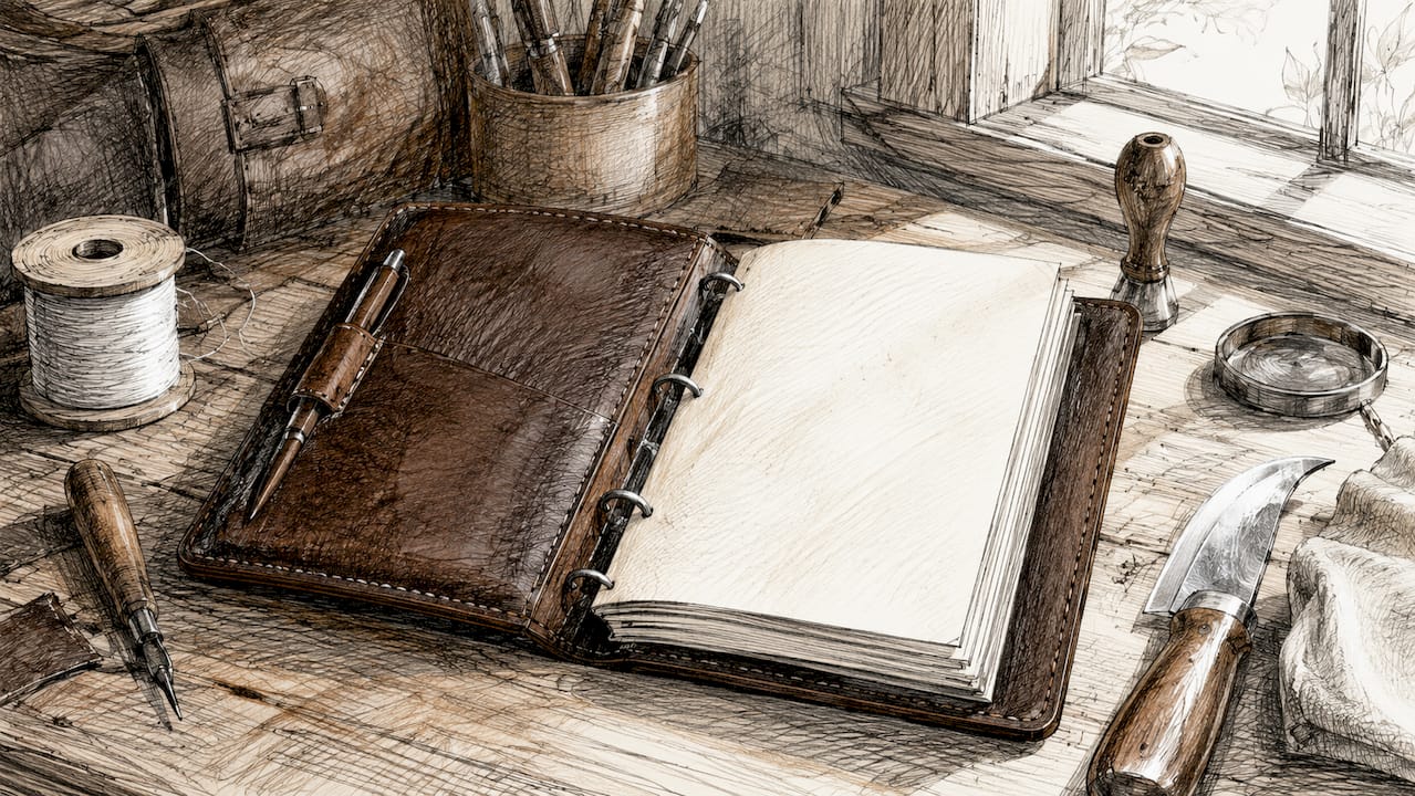 Full-grain leather refillable notebook on craftsman's workbench