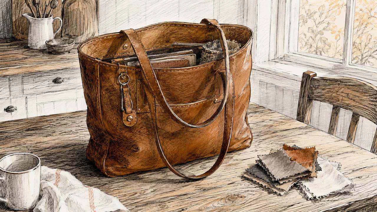 Full-grain leather tote on office desk