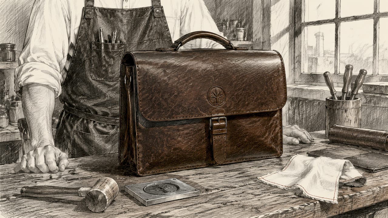 Debossed leather briefcase on craftsman's workbench