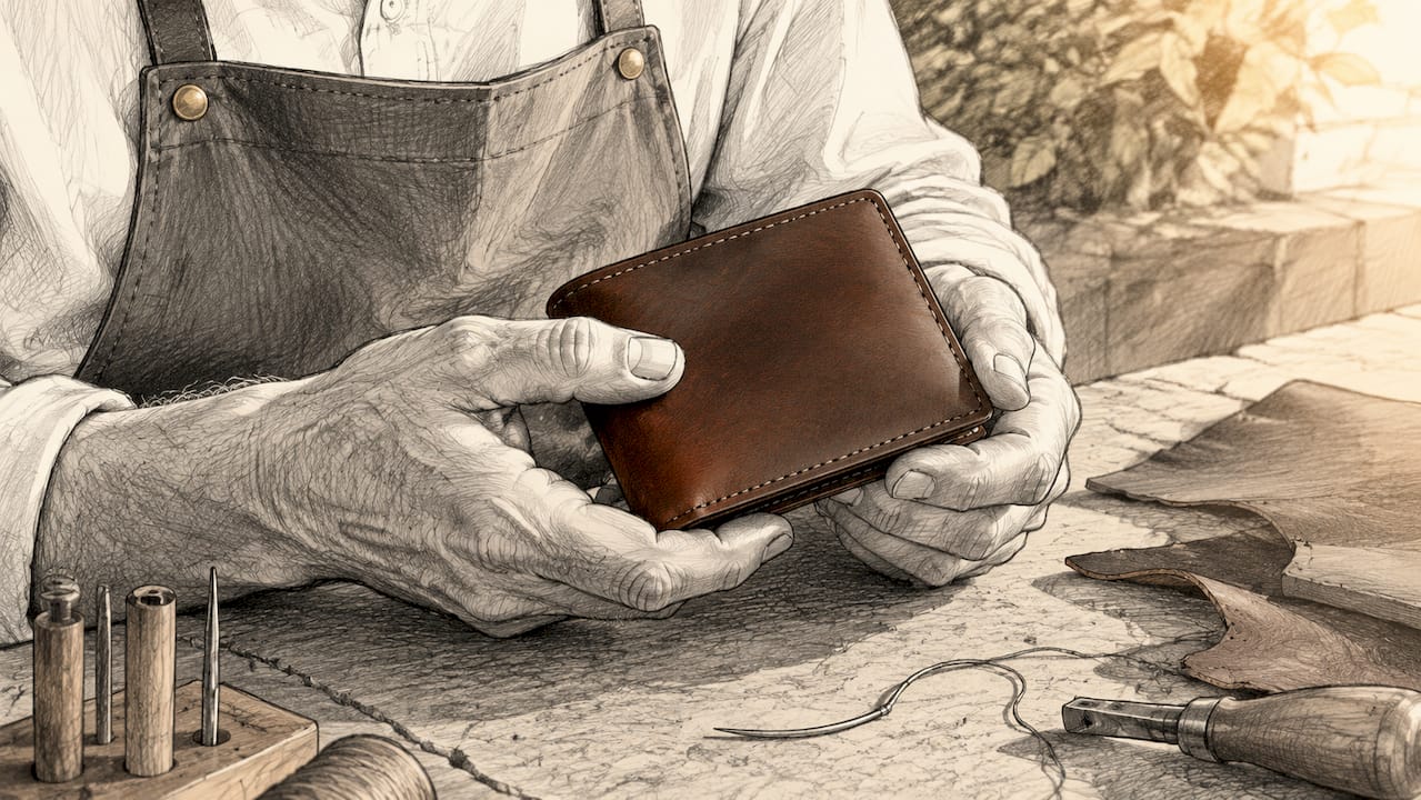 Hands holding durable full-grain leather wallet