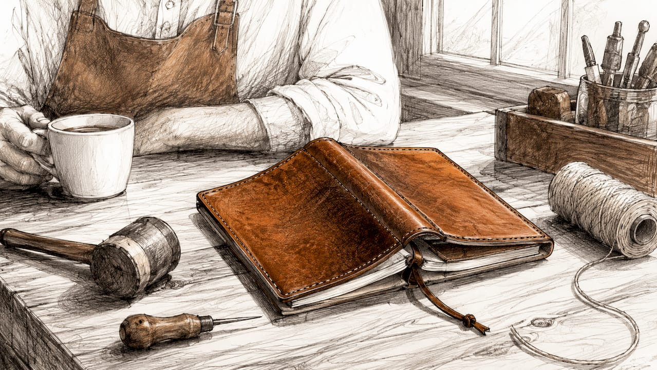 Full-grain leather pocket journal on workbench with tools