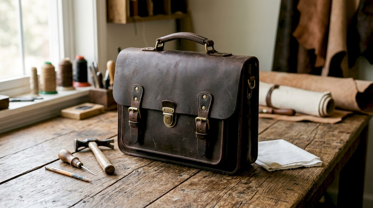 Full-grain leather briefcase on office desk