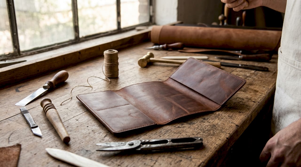 Handcrafted dark brown leather trifold journal on workbench