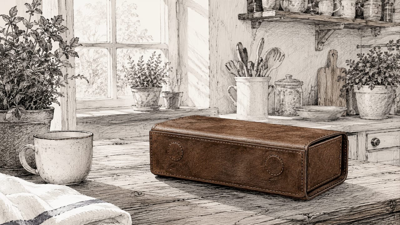 Open full-grain leather glasses case on workbench