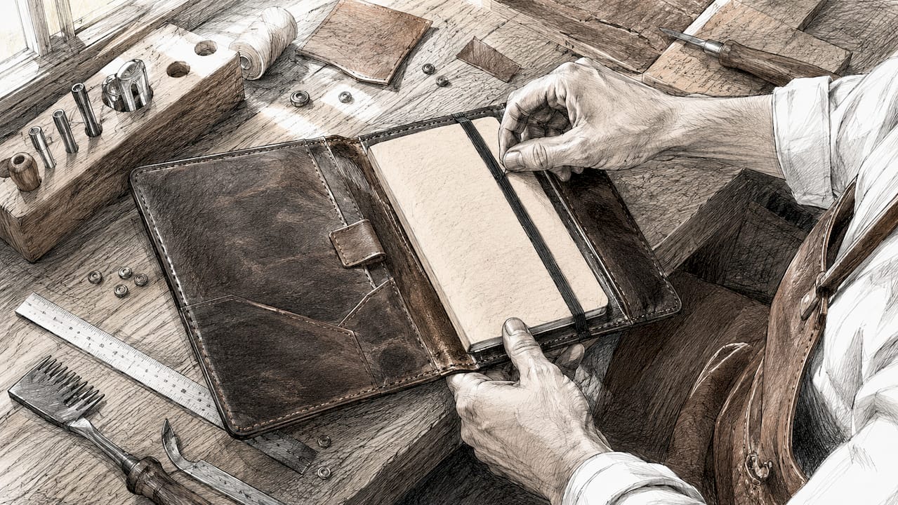 Hands adjusting leather folio on workbench