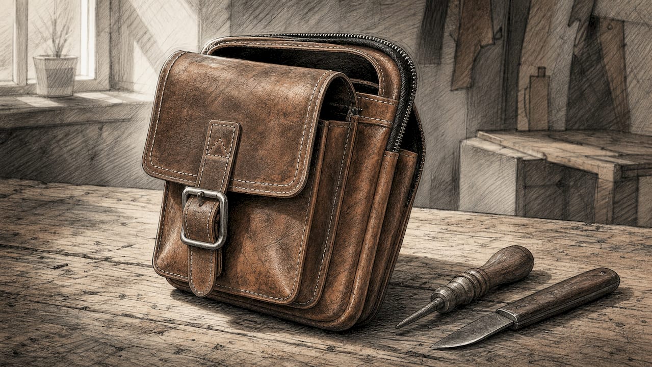 Full-grain leather briefcase on workbench with tools