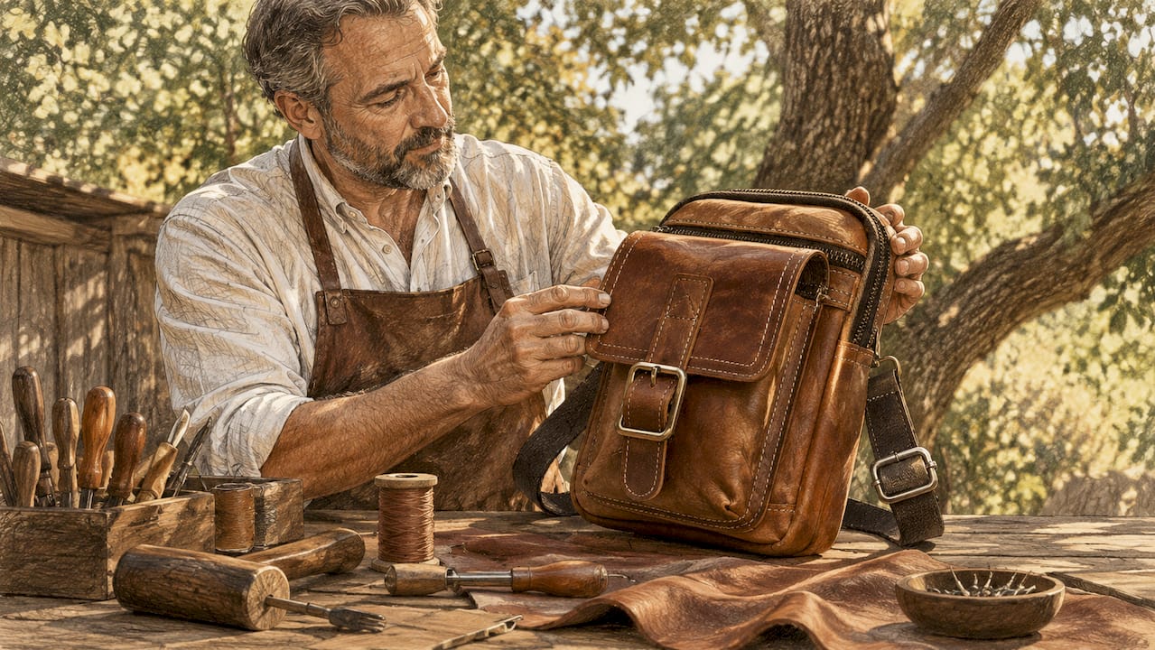 Craftsman inspecting tan full-grain leather briefcase