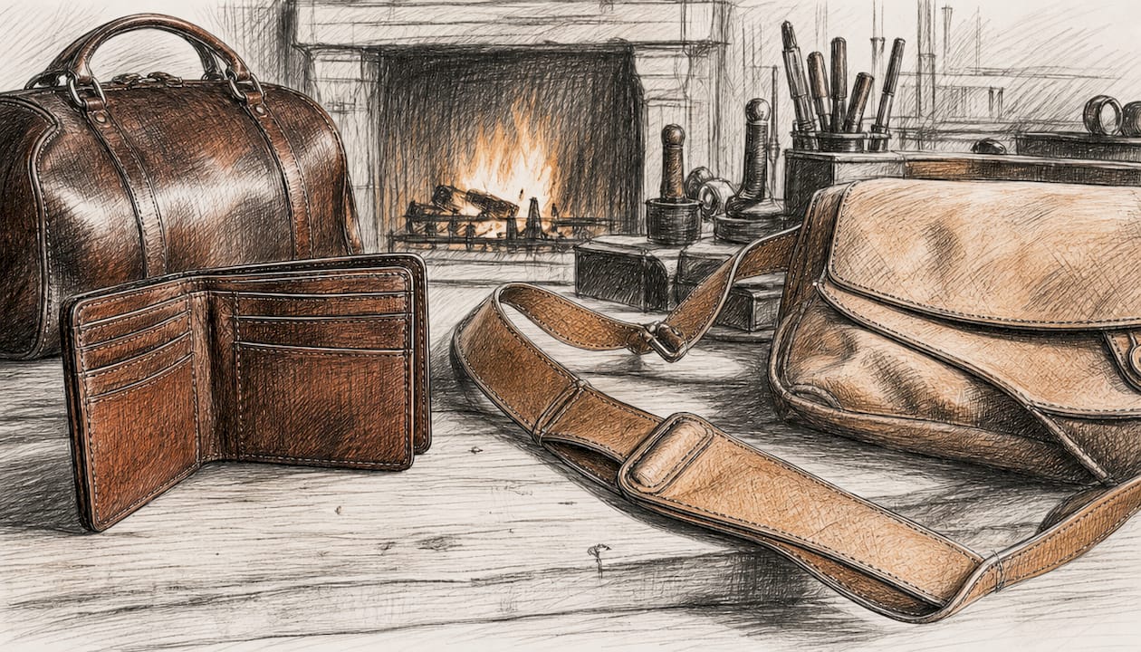Partial view of full grain leather goods on wooden desk