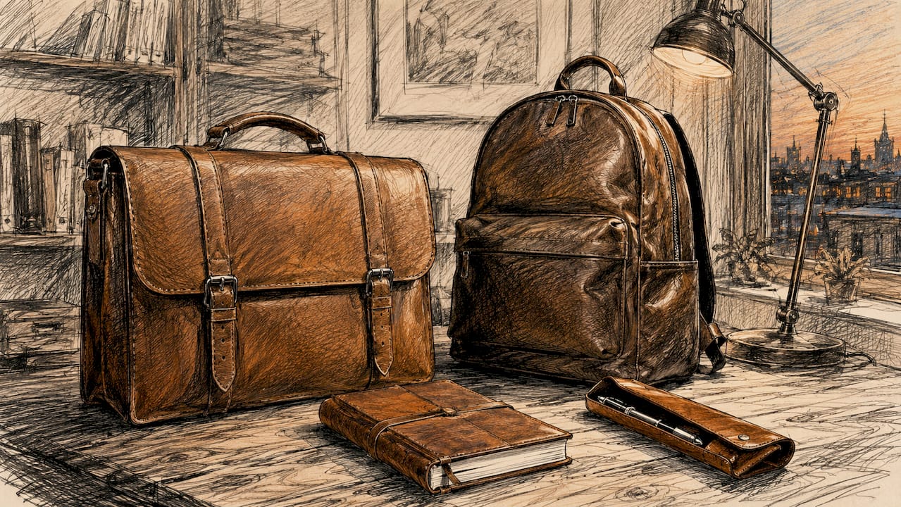 Leather briefcase and backpack on office desk