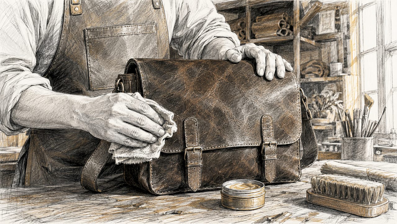 Hands cleaning vintage leather bag
