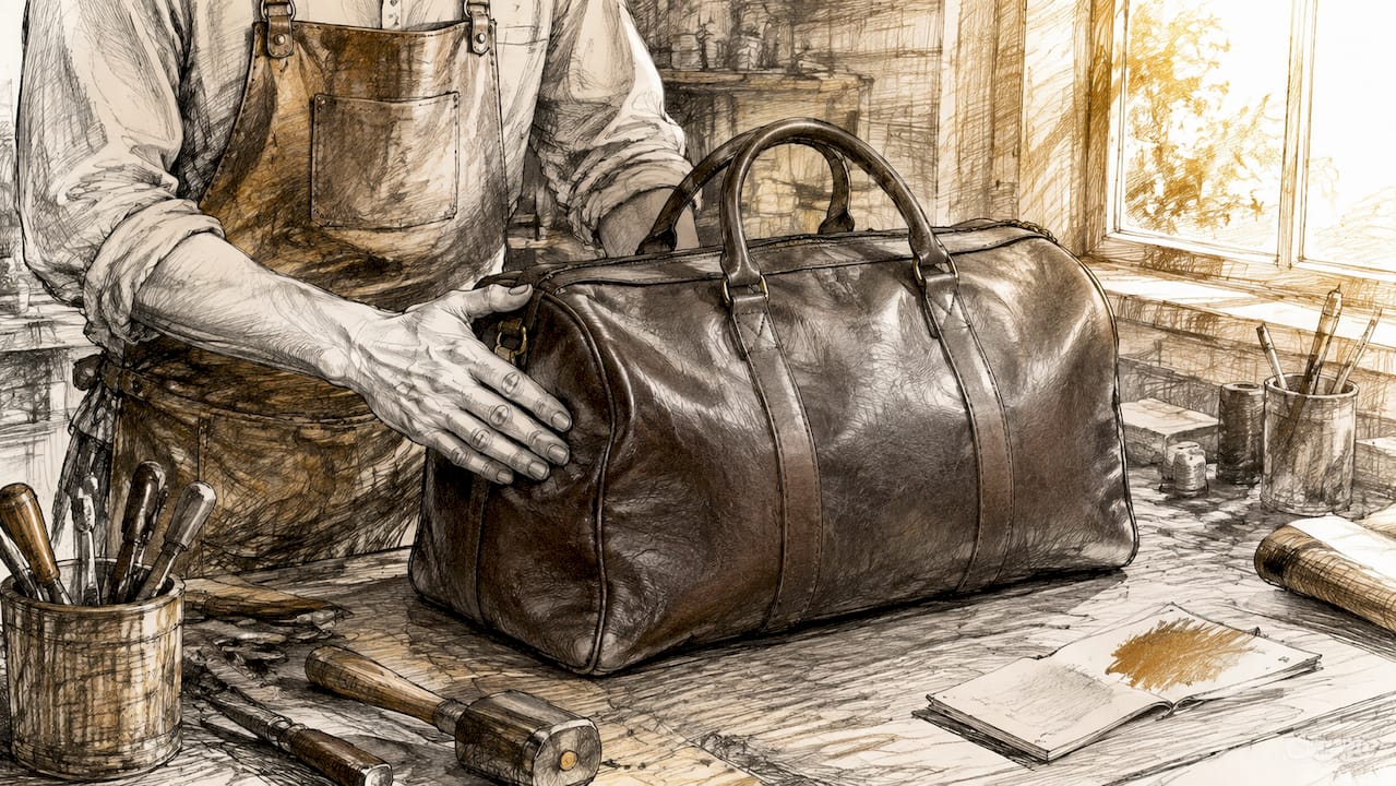 Close-up of full-grain leather briefcase with hand