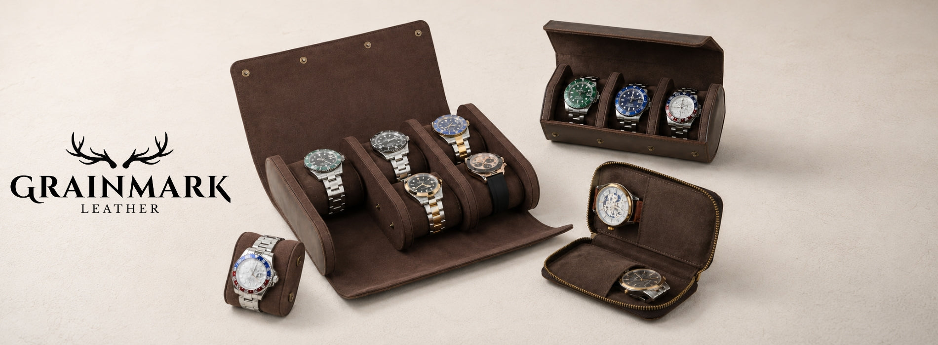 Luxury leather watch cases displayed with multiple premium watches on a minimalist studio background