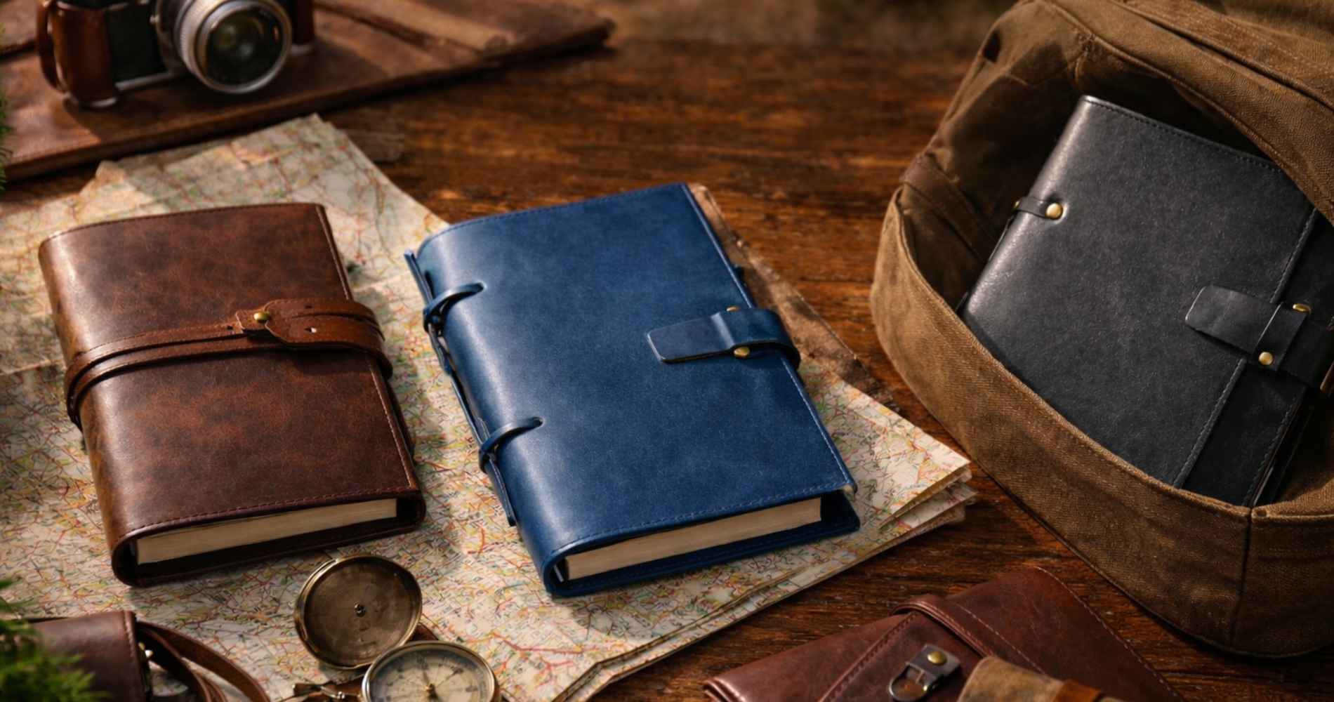 Leather notebook covers in brown, blue, and black displayed on a travel map with a camera, compass, and canvas bag