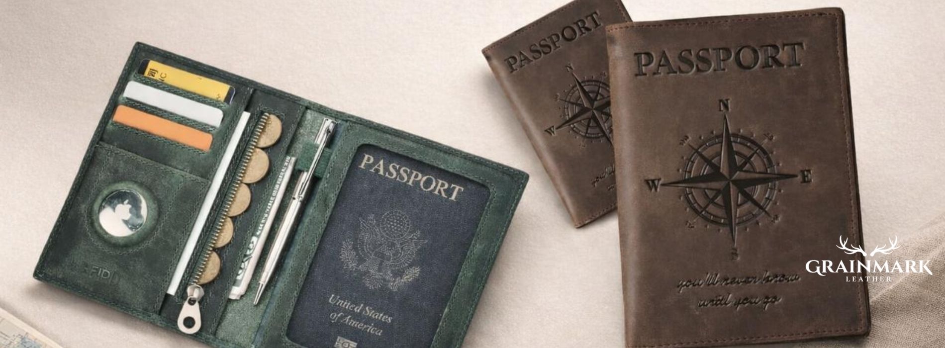 Leather passport wallets in brown and green, including an open travel wallet with card slots, coin pocket, pen holder, and passport compartment