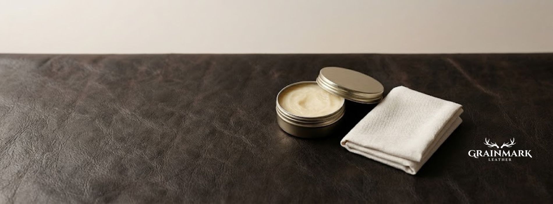 Leather conditioner tin and folded white cloth on a dark leather surface for conditioning leather