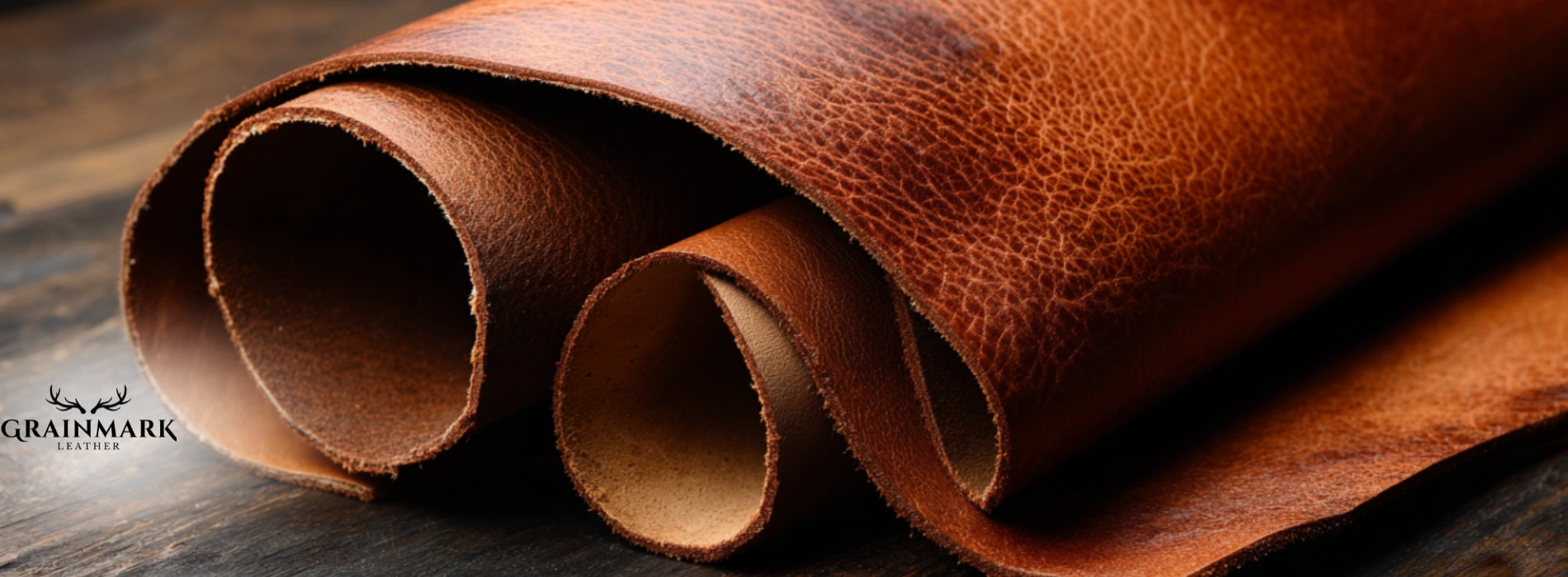 Close-up of rolled vegetable tanned leather with visible natural texture