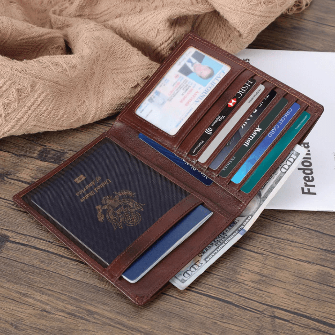 Genuine Leather Passport Holder RFID Blocking Travel Wallet – 3 Passport Slots, 7 Card Slots, ID Window, Banknote Pocket