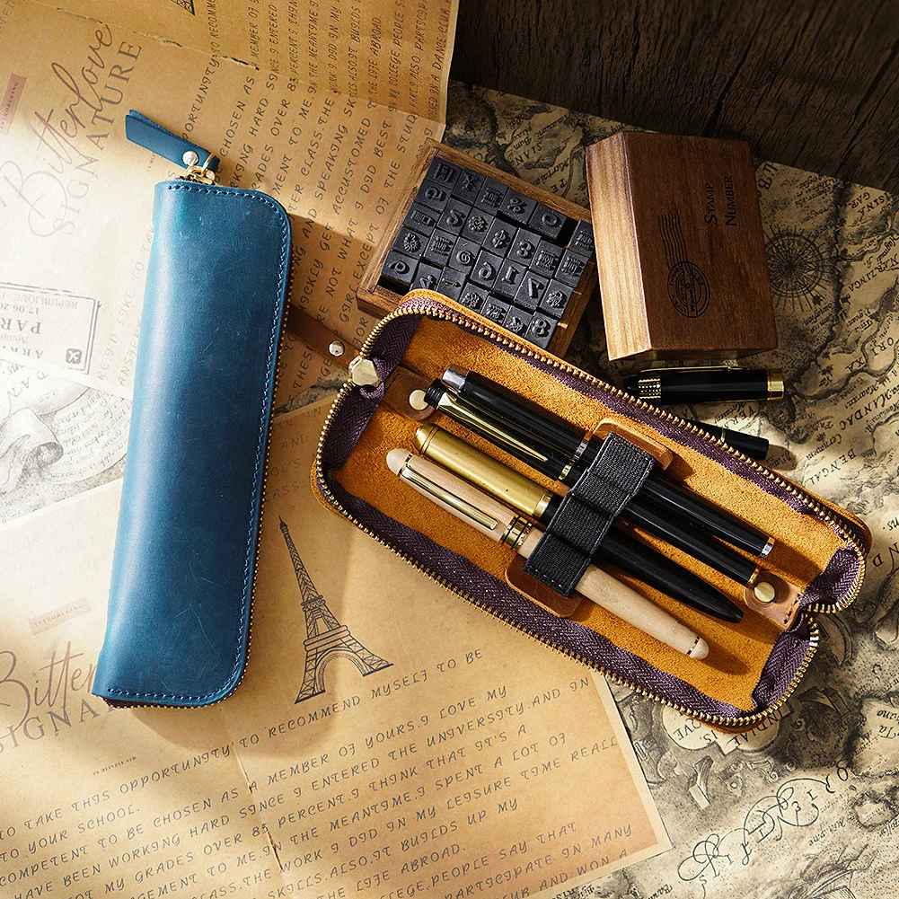Leather 4 Slots Zippered Pen Case
