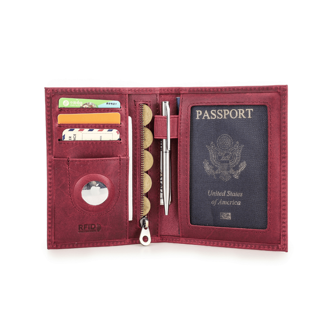 Vintage Leather Travel Passport Wallet with RFID and Coin Pocket