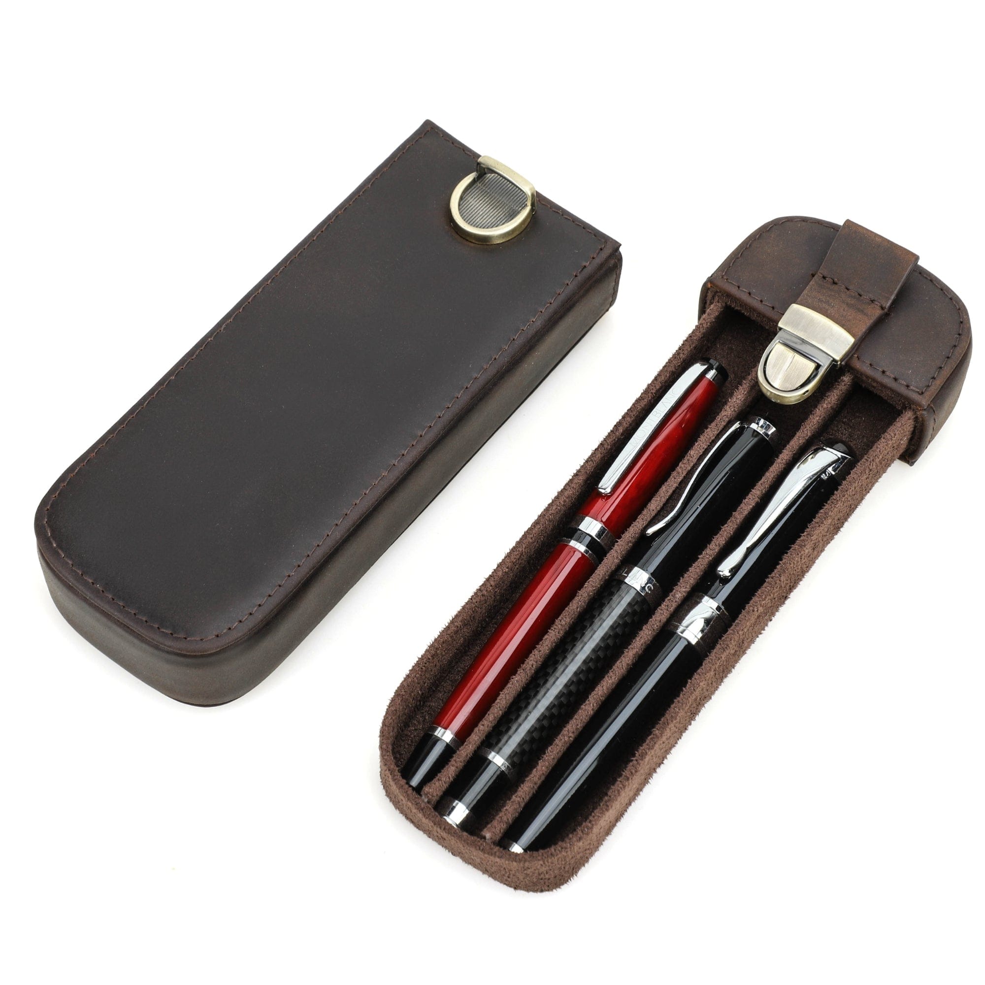 3 Slot Hard Pen Case – Brass Closure, Removable Tray
