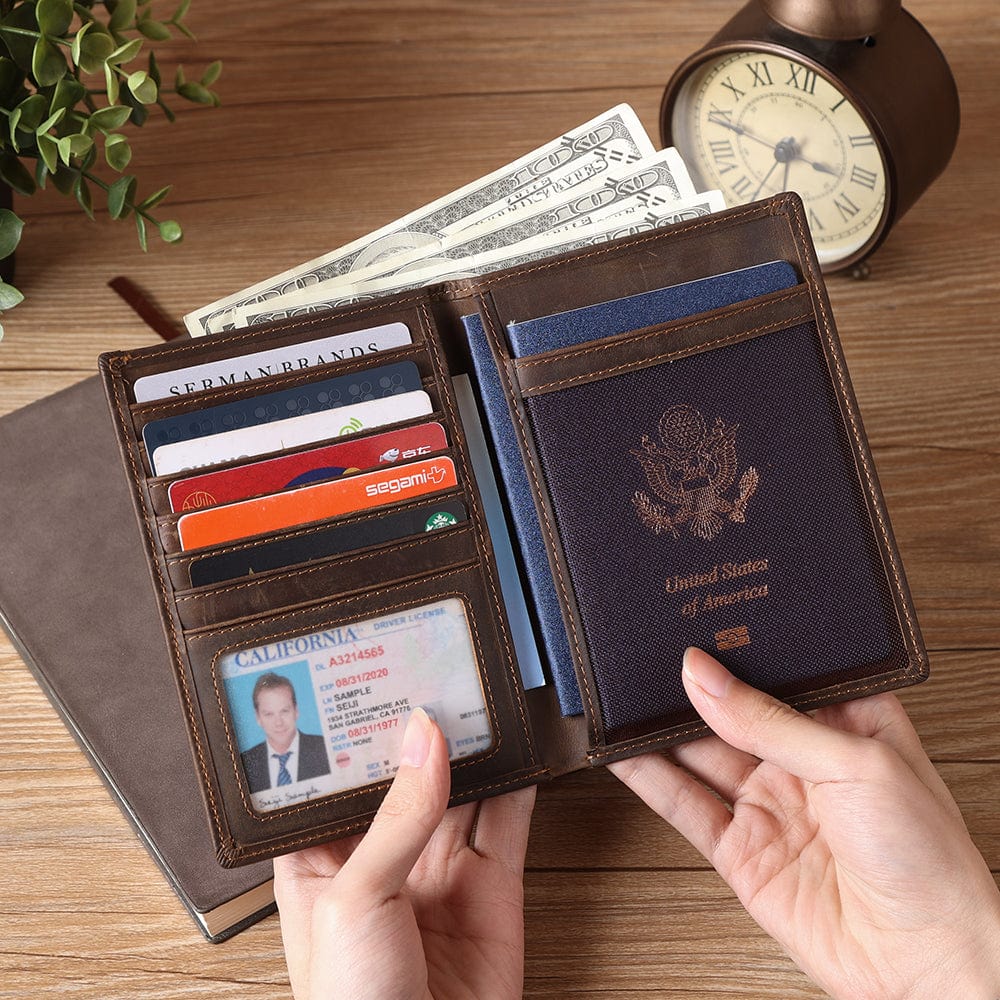 Genuine Leather Passport Holder RFID Blocking Travel Wallet – 3 Passport Slots, 7 Card Slots, ID Window, Banknote Pocket