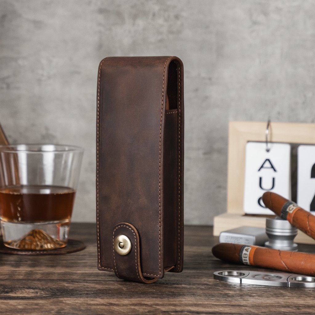 Slim pocket-size leather humidor case holding two cigars, made from soft ventilated oil nubuck in coffee brown