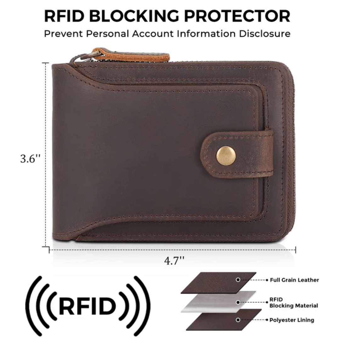 Vintage Leather Bifold Wallet with Zipper and RFID Protection