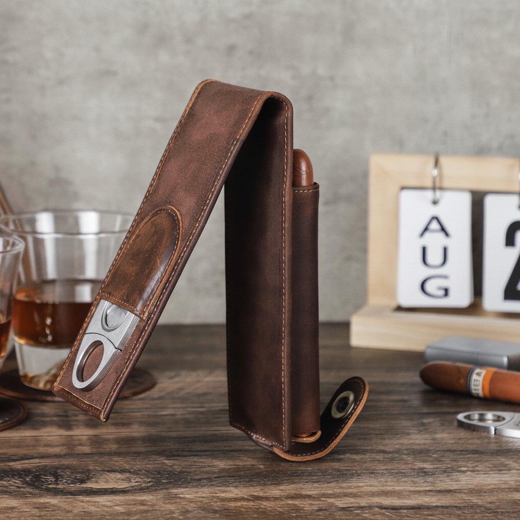 Travel cigar holder fits 2 cigars up to 6.5 inches and 60 ring gauge, coffee brown nubuck leather