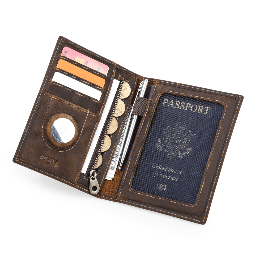 Vintage Leather Travel Passport Wallet with RFID and Coin Pocket