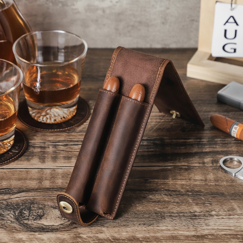 Coffee brown oil nubuck leather travel cigar case with magnetic buckle closure