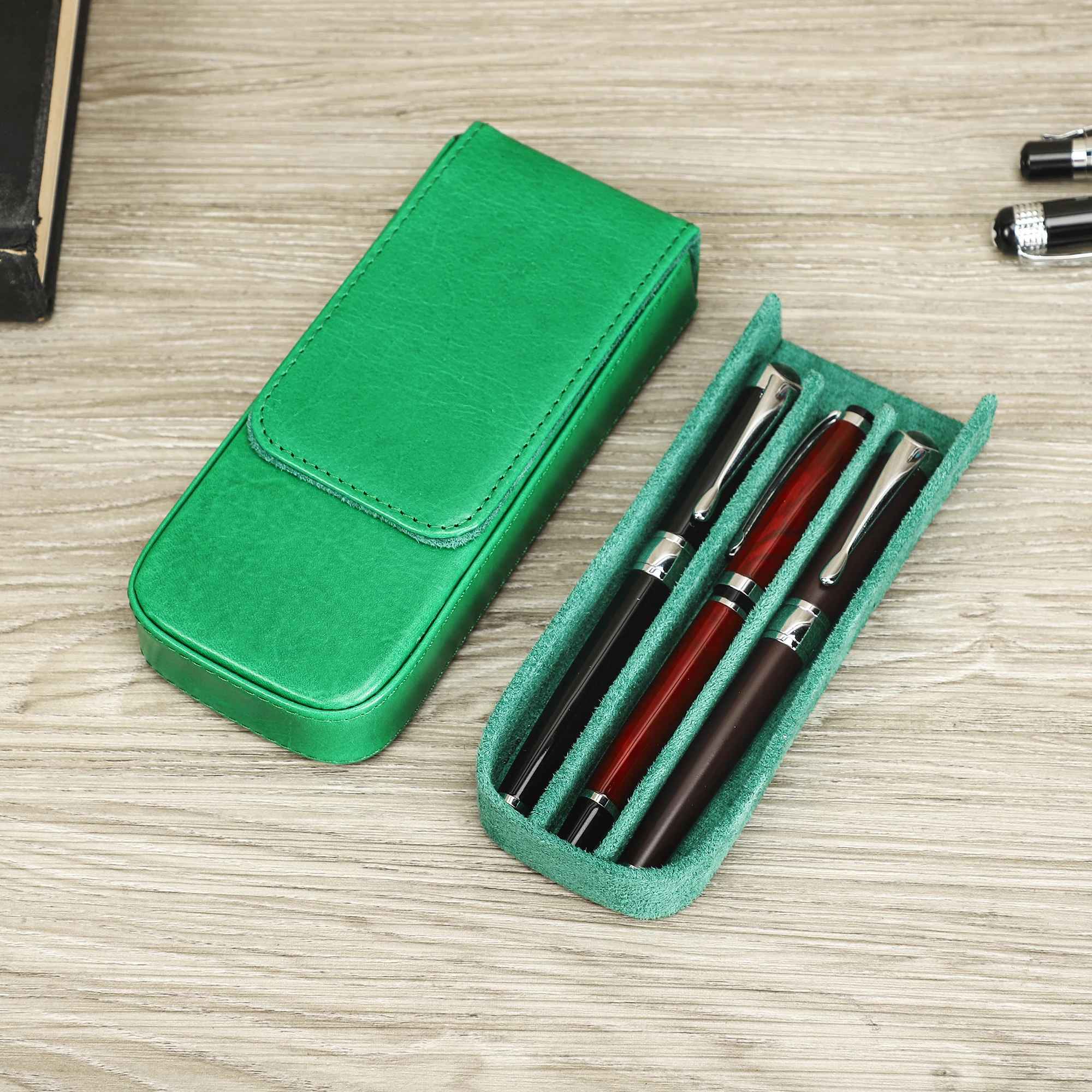 THE RIDGE – 3-SLOT GENUINE VEGETABLE LEATHER PEN BOX