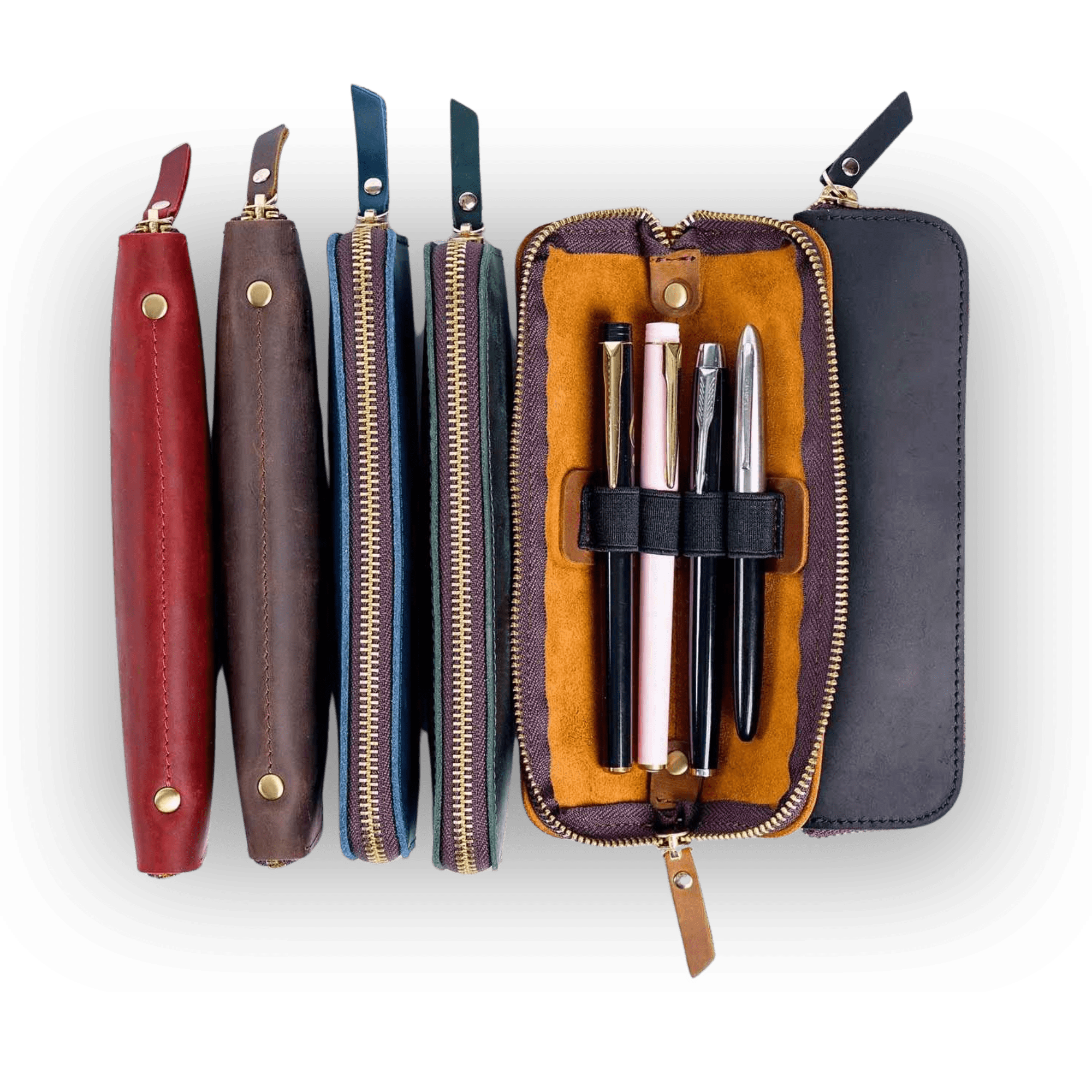 Leather 4 Slots Zippered Pen Case