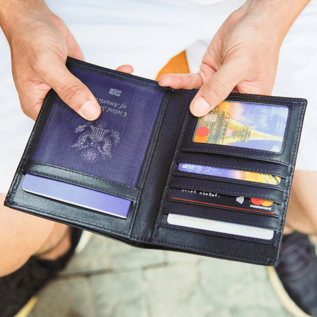 Genuine Leather Passport Holder RFID Blocking Travel Wallet – 3 Passport Slots, 7 Card Slots, ID Window, Banknote Pocket