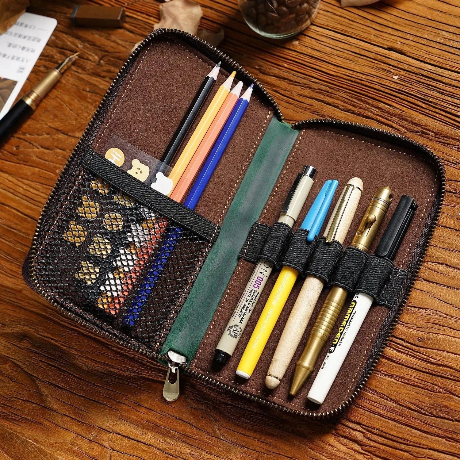 Leather 5 Slots Zippered Pen Case (with Laser Engraving)
