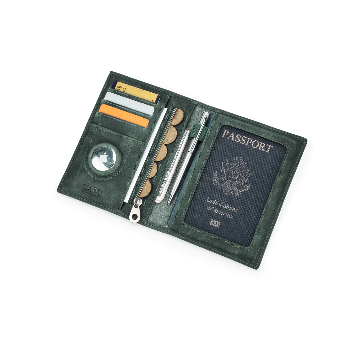 Vintage Leather Travel Passport Wallet with RFID and Coin Pocket