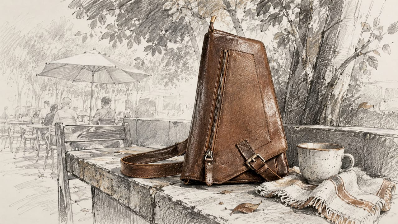 Full-grain leather crossbody bag on cafe table