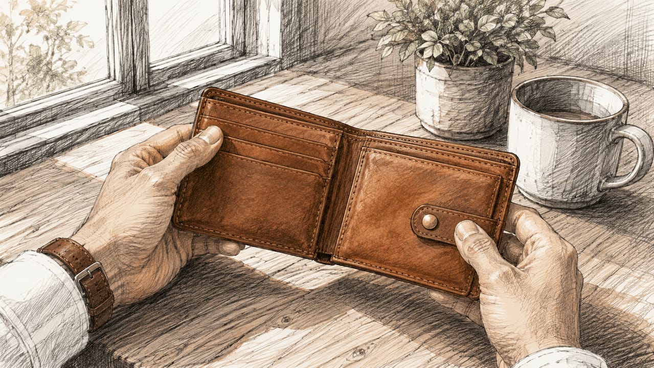 Hands holding open bifold leather wallet