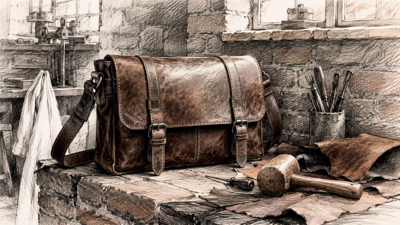 Dark brown handcrafted full-grain leather messenger bag