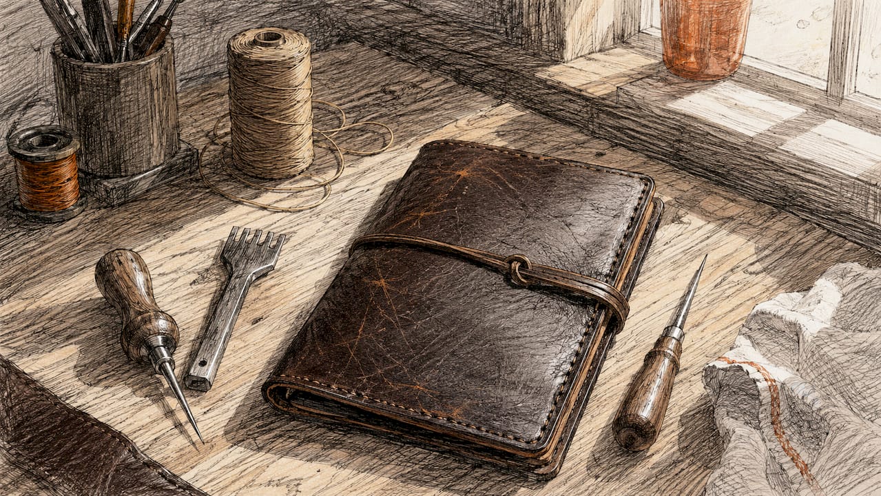 Close-up of worn full-grain leather journal cover