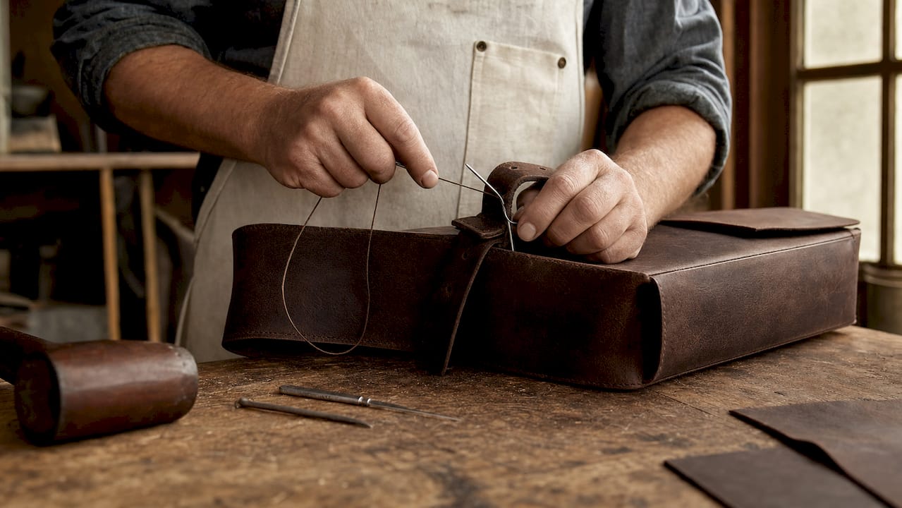 Craftsman's hands sewing brown leather briefcase