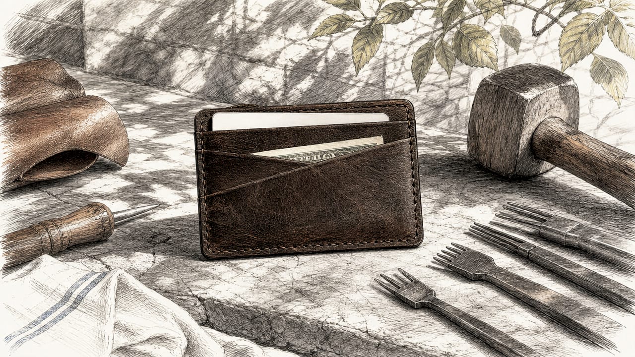 Full-grain leather cardholder on craftsman workbench
