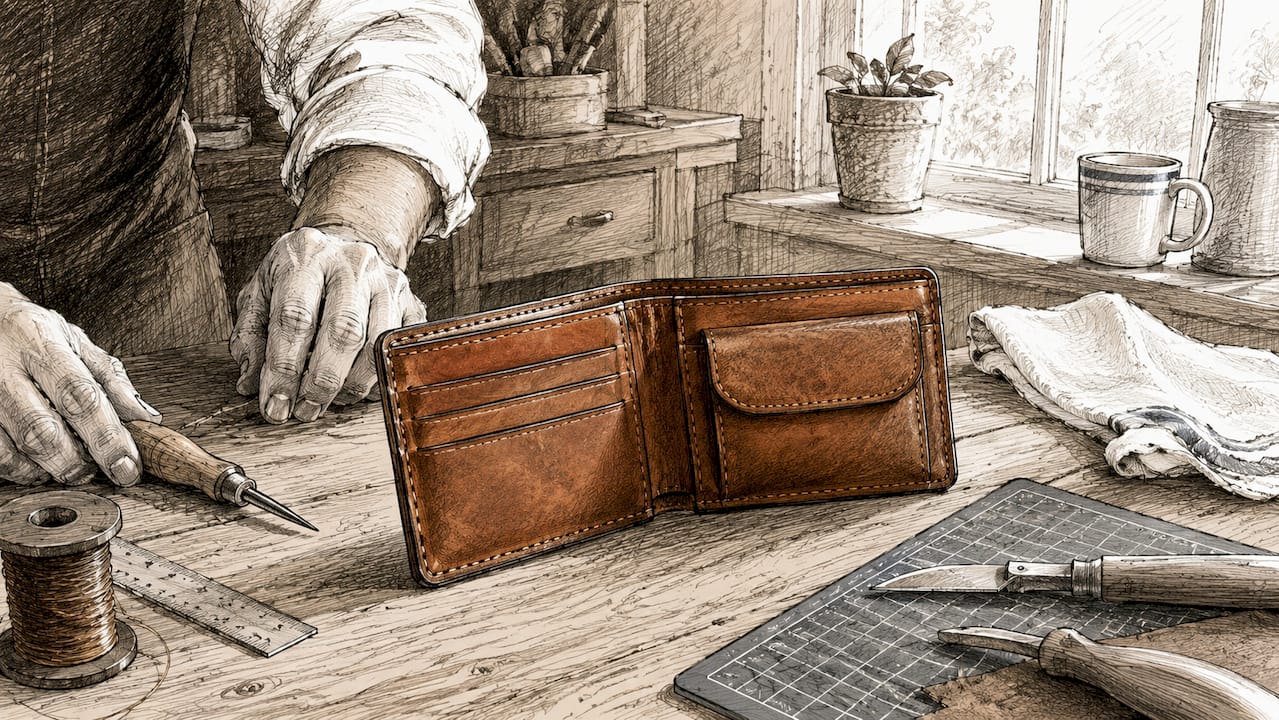 Open full-grain leather wallet on craftsman workbench
