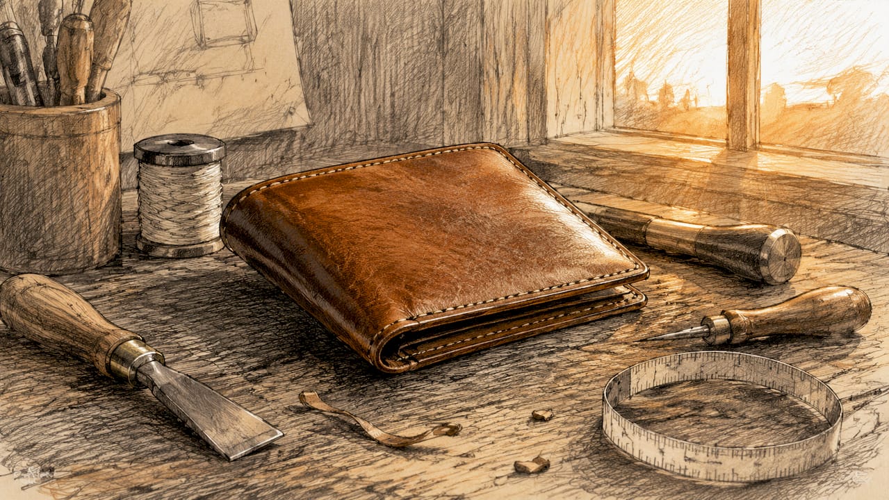 Leather wallet on craftsman's workbench with tools