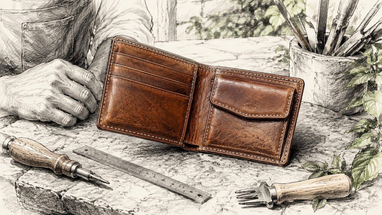 Full-grain leather wallet on craftsman's bench
