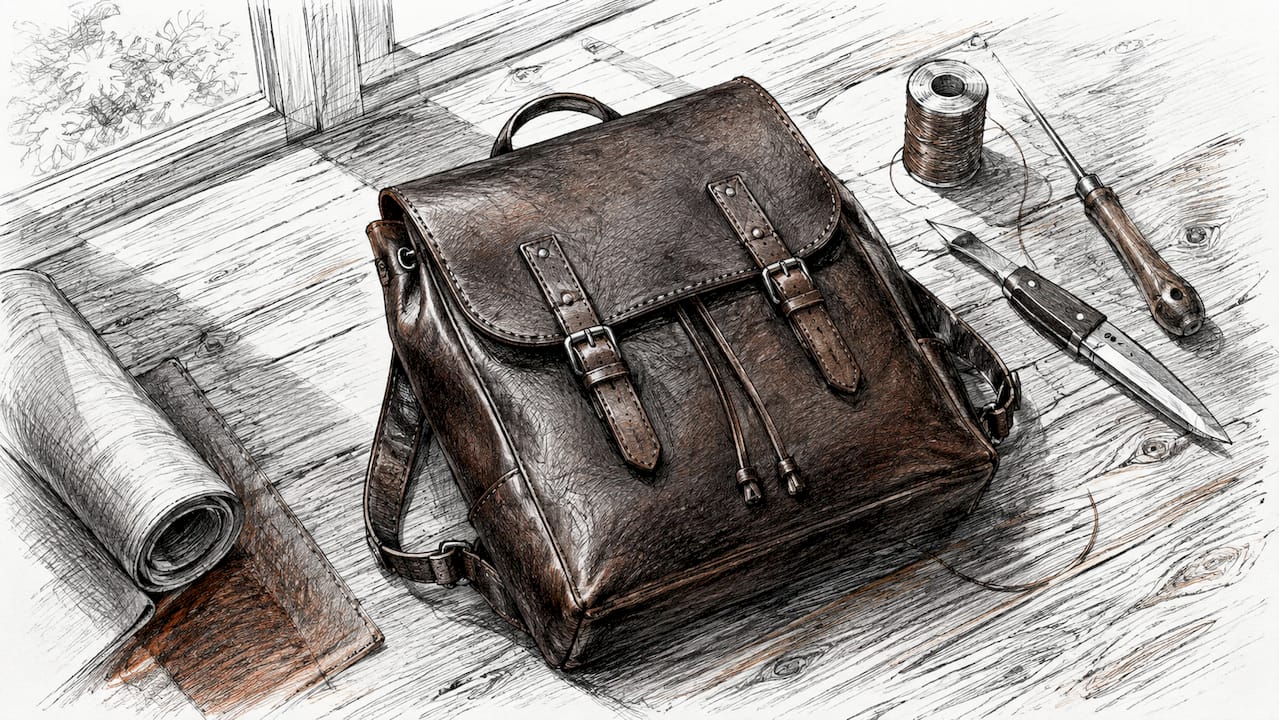 Full-grain leather backpack on craftsman's workbench