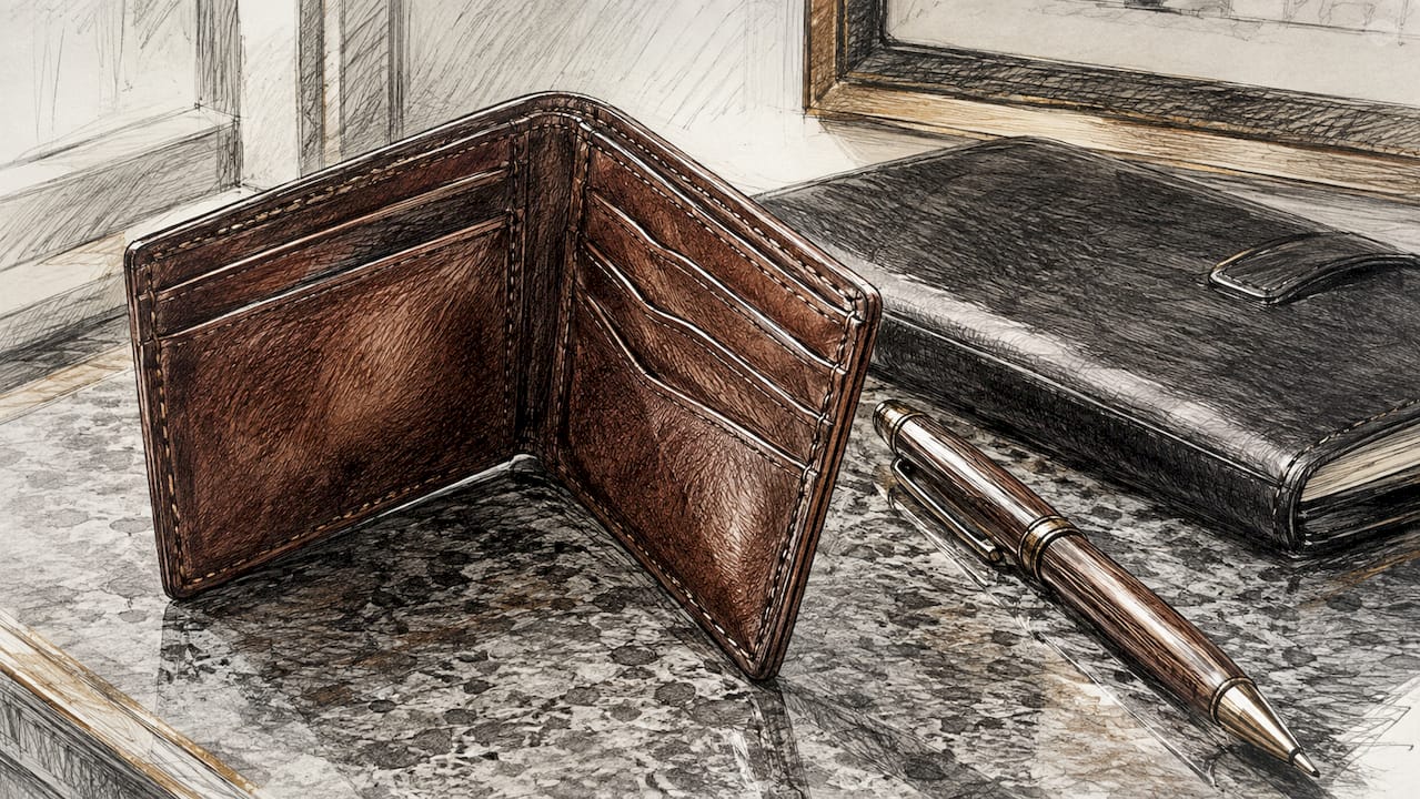 Partial view of leather wallet at desk